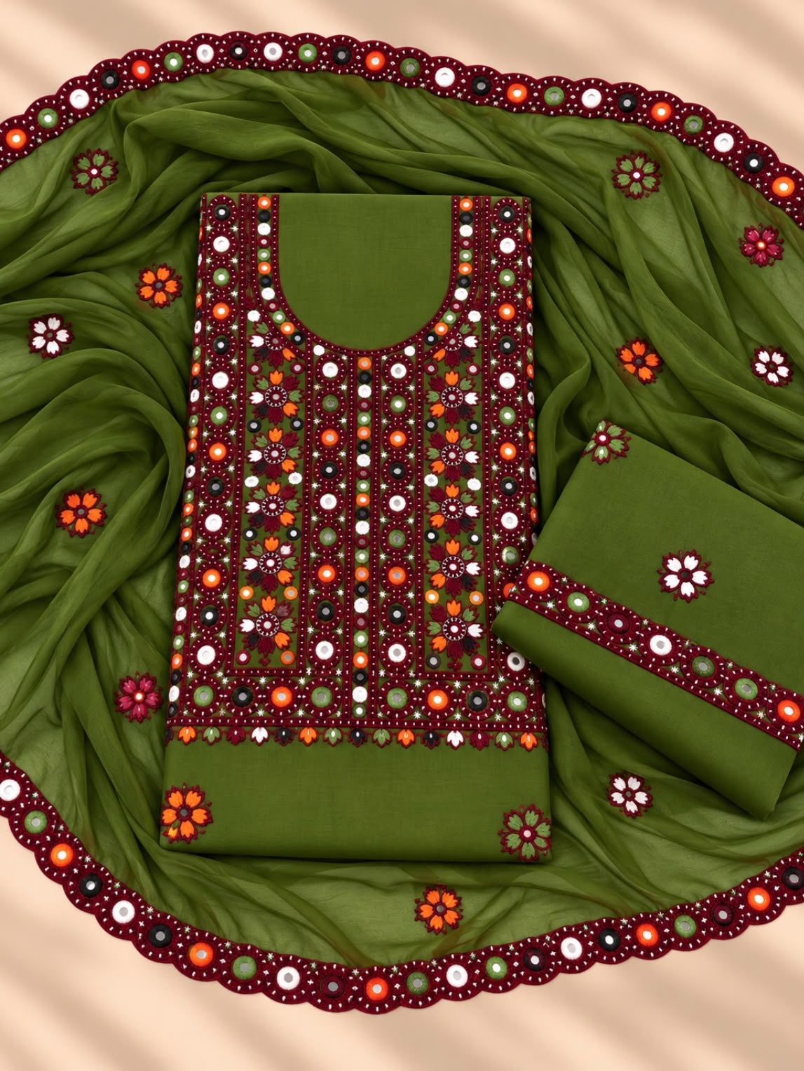Balochi Thick Thread Multi Sitara Embroidered with Cutwork Chiffon Dupatta | 3-Piece Unstitched Suit
