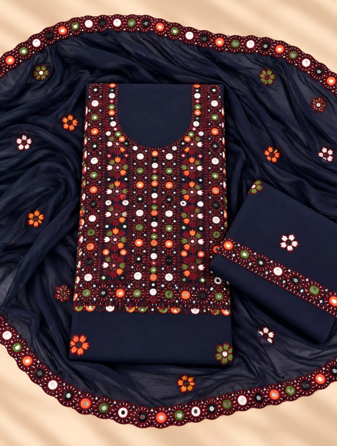 Balochi Thick Thread Multi Sitara Embroidered with Cutwork Chiffon Dupatta | 3-Piece Unstitched Suit