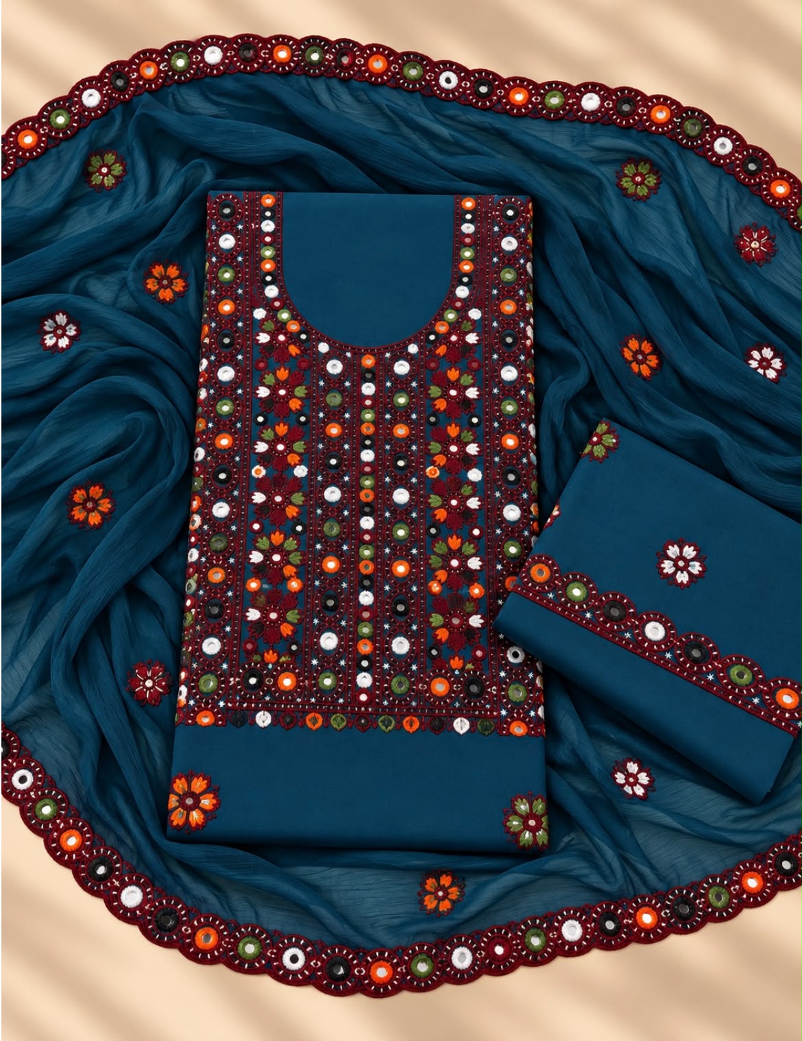 Balochi Thick Thread Multi Sitara Embroidered with Cutwork Chiffon Dupatta | 3-Piece Unstitched Suit