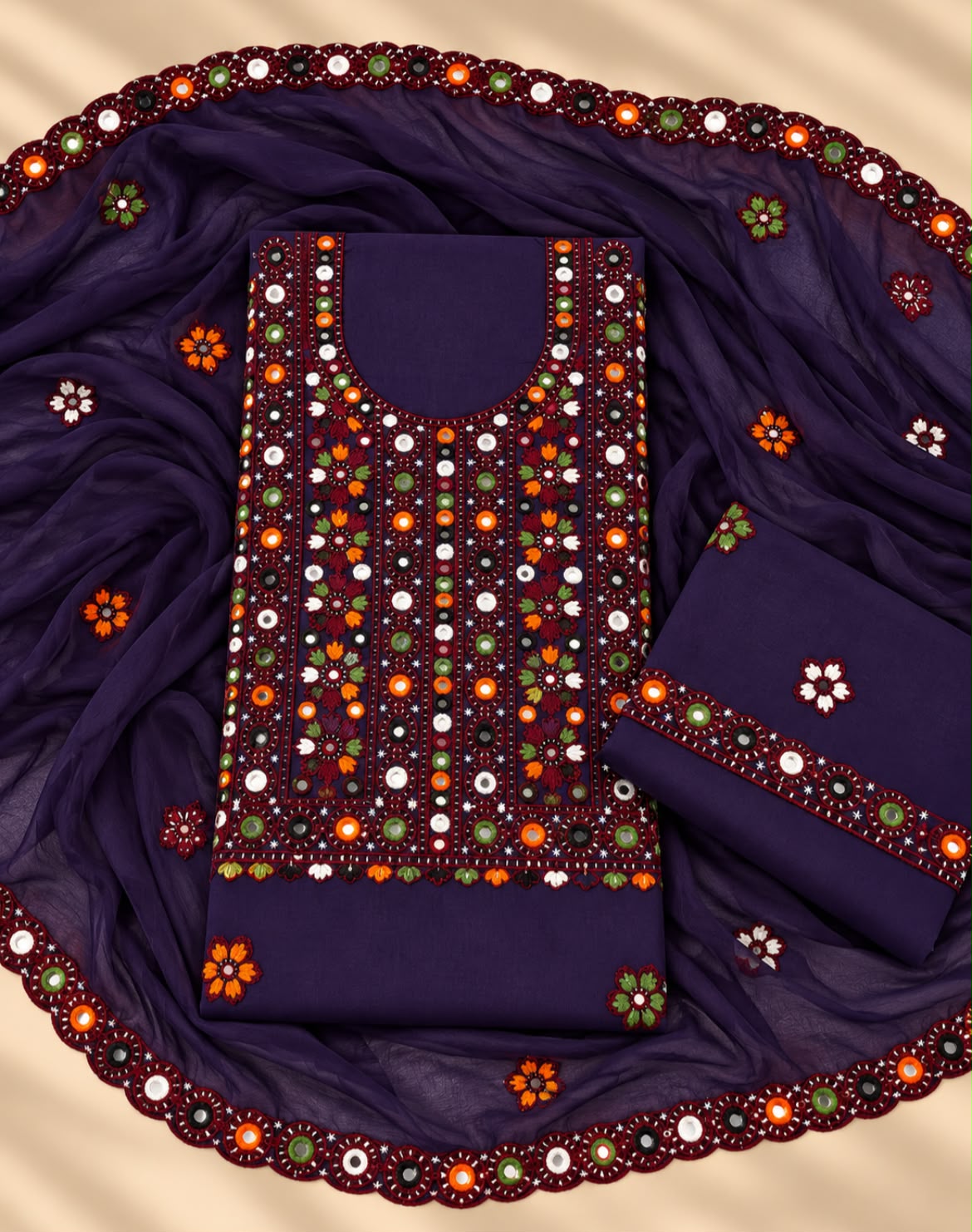 Balochi Thick Thread Multi Sitara Embroidered with Cutwork Chiffon Dupatta | 3-Piece Unstitched Suit