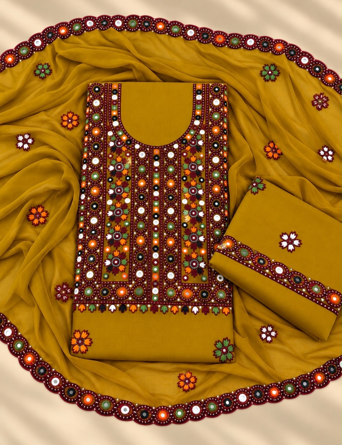 Balochi Thick Thread Multi Sitara Embroidered with Cutwork Chiffon Dupatta | 3-Piece Unstitched Suit