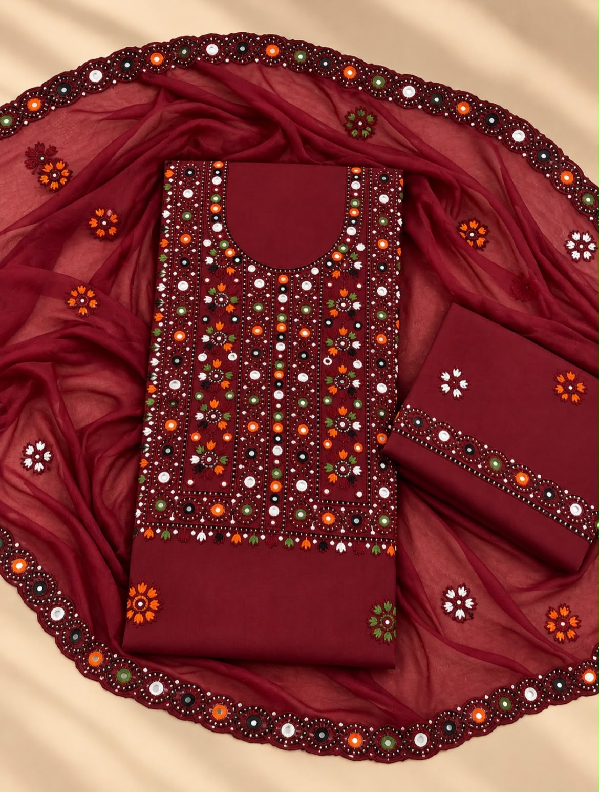 Balochi Thick Thread Multi Sitara Embroidered with Cutwork Chiffon Dupatta | 3-Piece Unstitched Suit