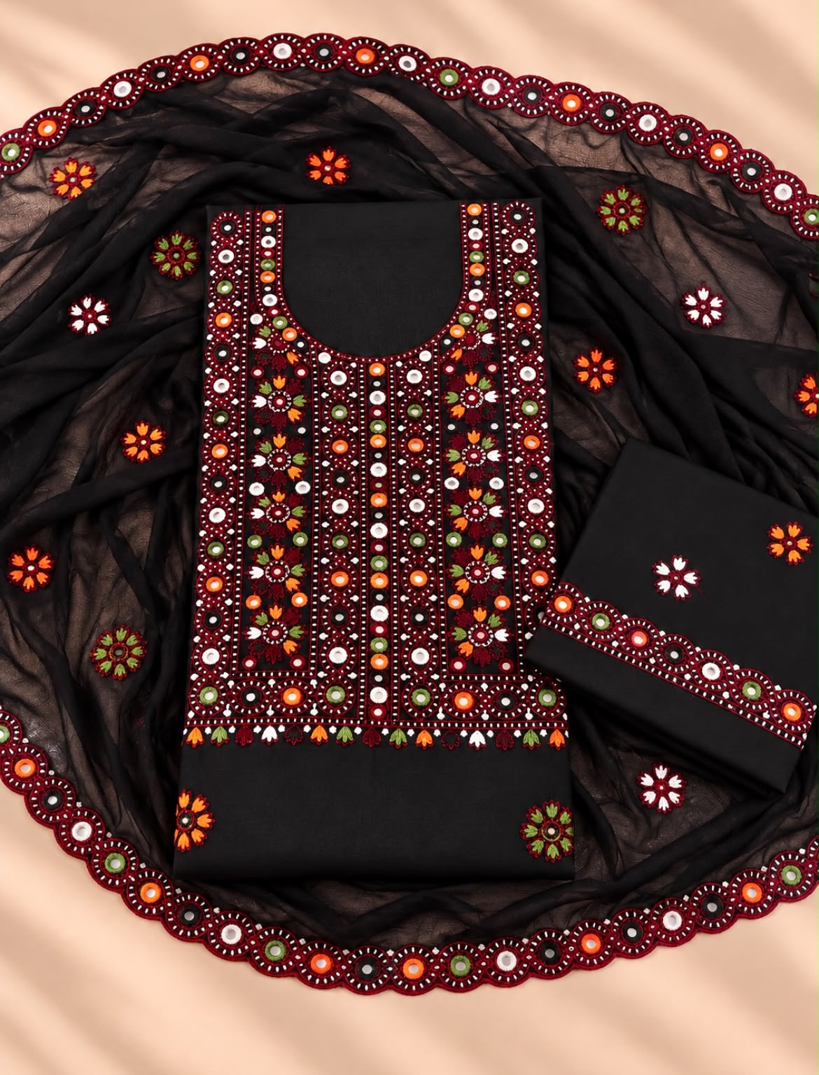Balochi Thick Thread Multi Sitara Embroidered with Cutwork Chiffon Dupatta | 3-Piece Unstitched Suit