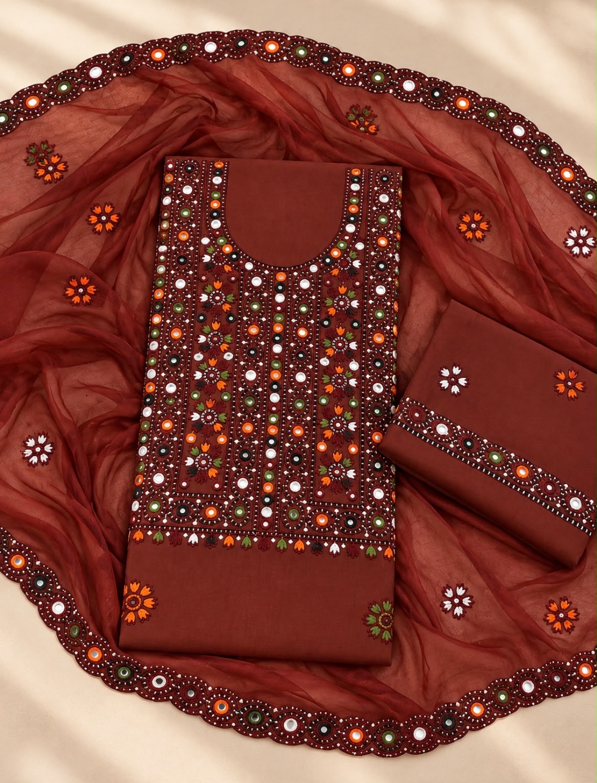 Balochi Thick Thread Multi Sitara Embroidered with Cutwork Chiffon Dupatta | 3-Piece Unstitched Suit