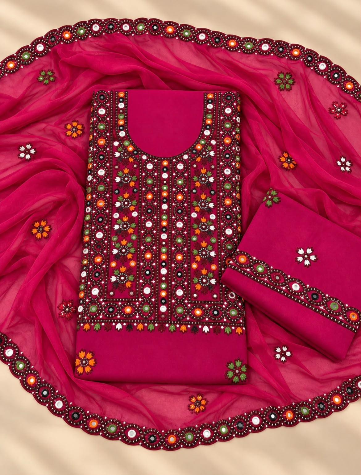 Balochi Thick Thread Multi Sitara Embroidered with Cutwork Chiffon Dupatta | 3-Piece Unstitched Suit