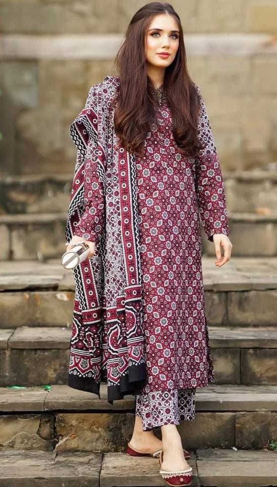 Ajrak Block Print 3 Piece Dress – Soft Winter Cotton Fabric