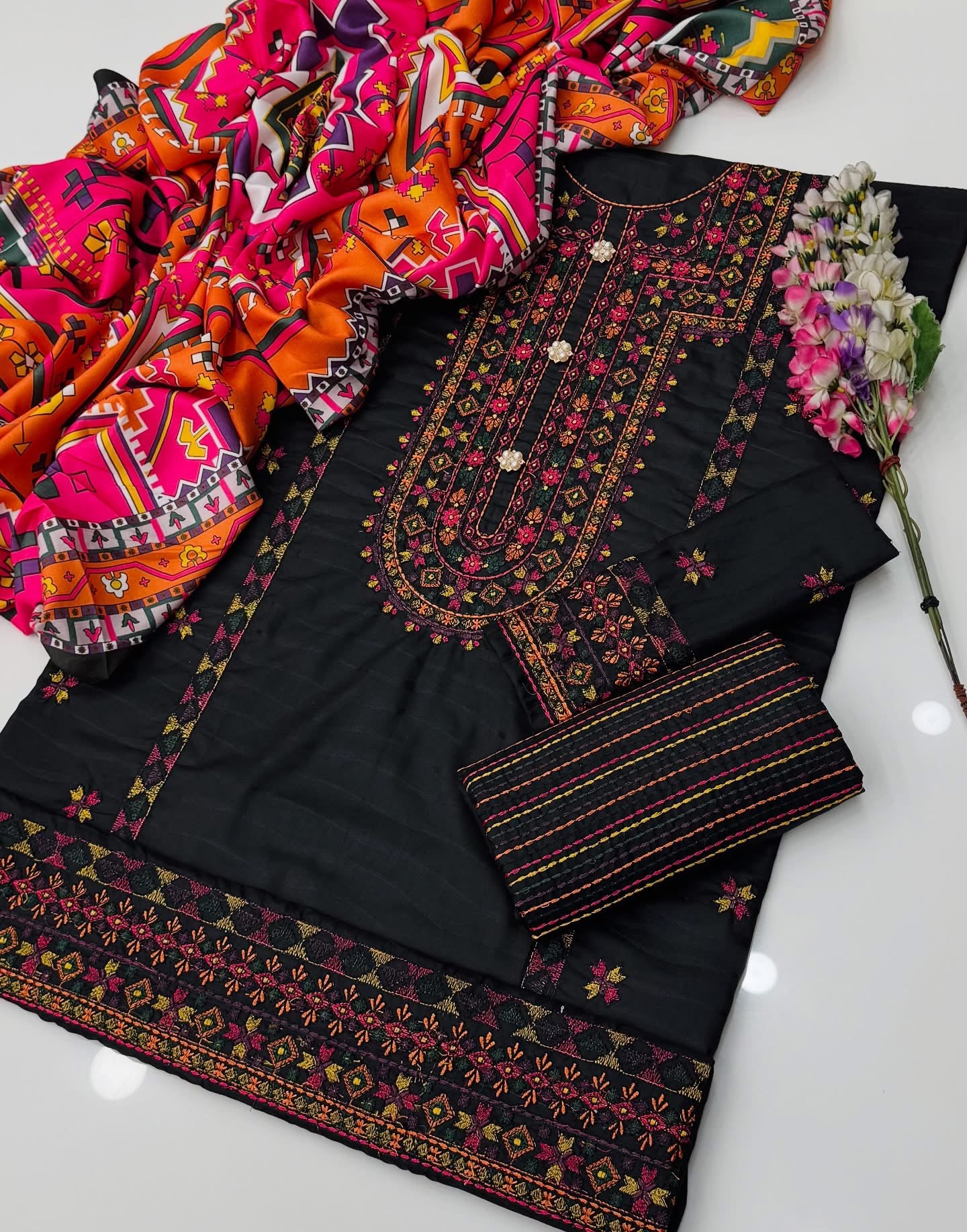 Winter Dhanak 3-Piece Suit – Heavy Multi Embroidered Shirt with Digital Printed Multi Shawl & Embellished Trouser