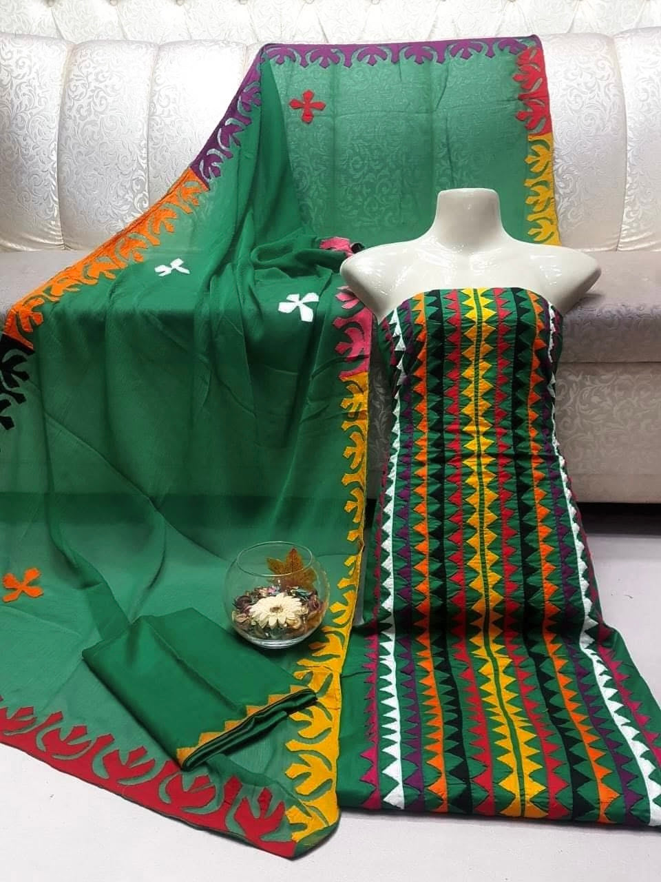 Multicolor Applique 3-Piece Dress – Soft Cotton with Chiffon Dupatta