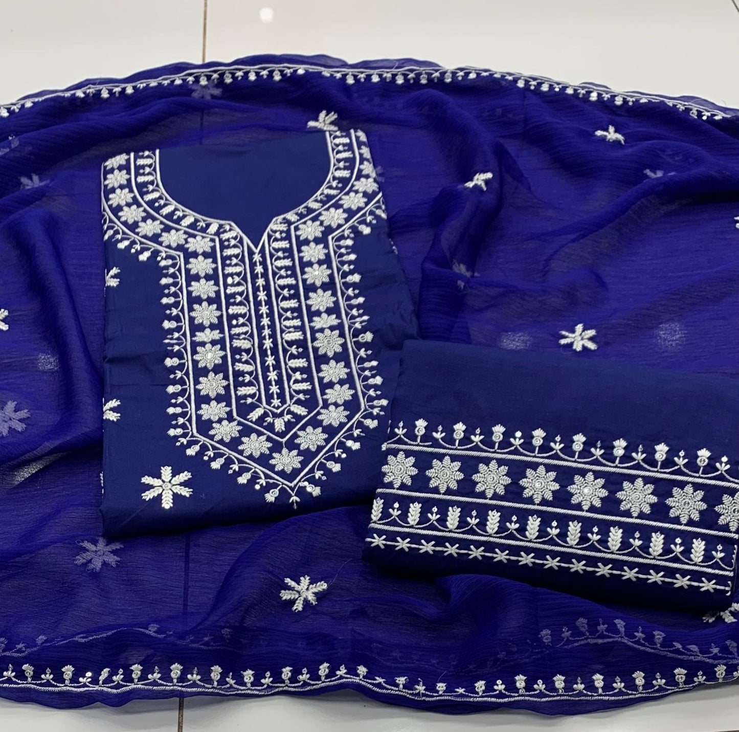 Two Side Sequence Embroidery Border Chiffon Dupatta 3pc Dresses 👗
