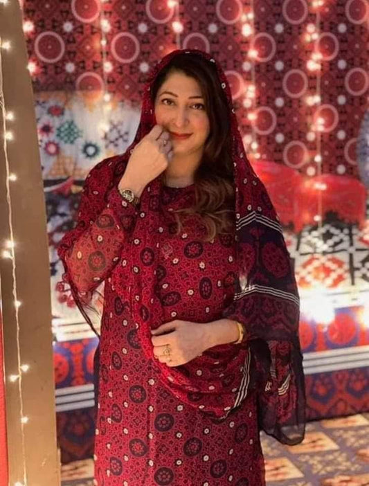 Ajrak Chiffon 2pc Unstitch Dress 👗