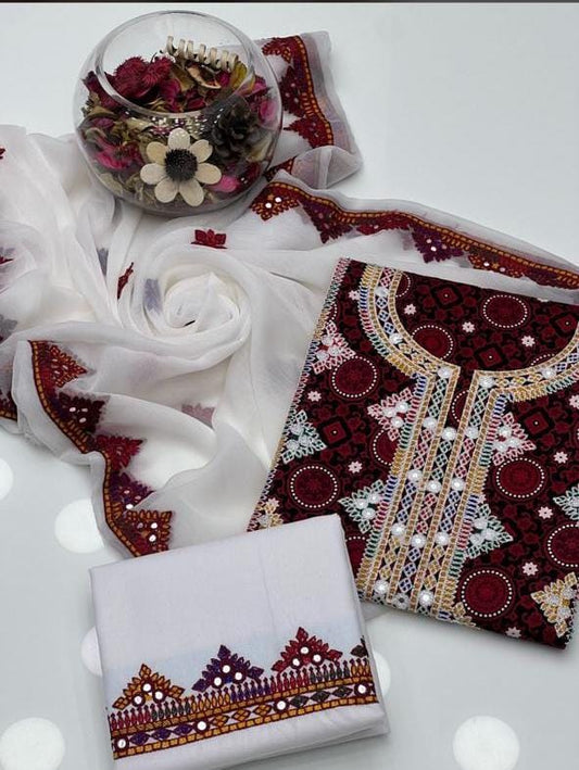 Ajrak Thick Thread Machine Embroidery 3pc Dress  👗