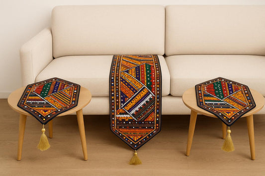 Antique Multi Sitara Machine Embroidered Sofa Table Mats 3pc Set