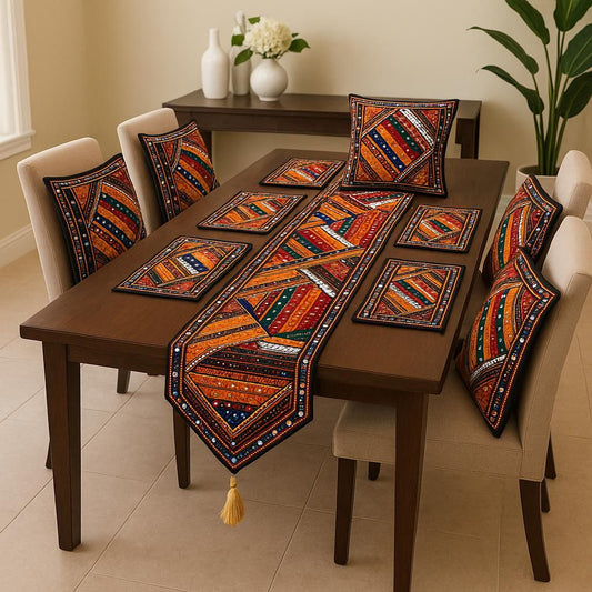 Traditional Antique Fine Quality Multi Embroiderd 5pcs Sofa Cushion Cover Set Along With 1 Long Center Table Runner With 6pcs Table Mats