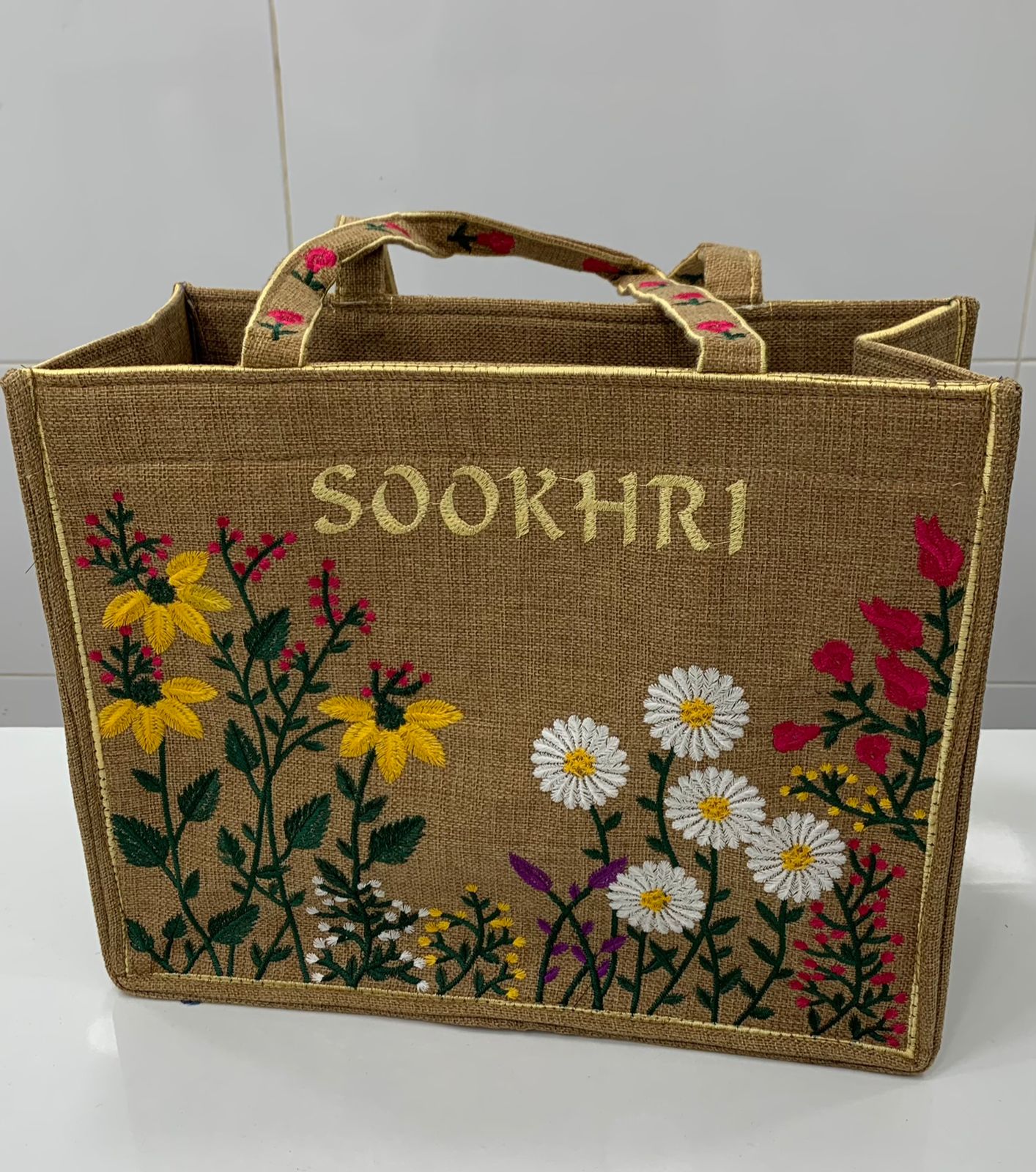 Traditional Jute Fabric Flower Embroidered Handbags