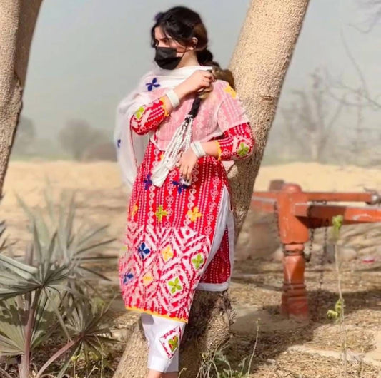 Lawn Cotton Stuff Chunri Print Multi Applic Net Daman Cut Work Handmade Shirt