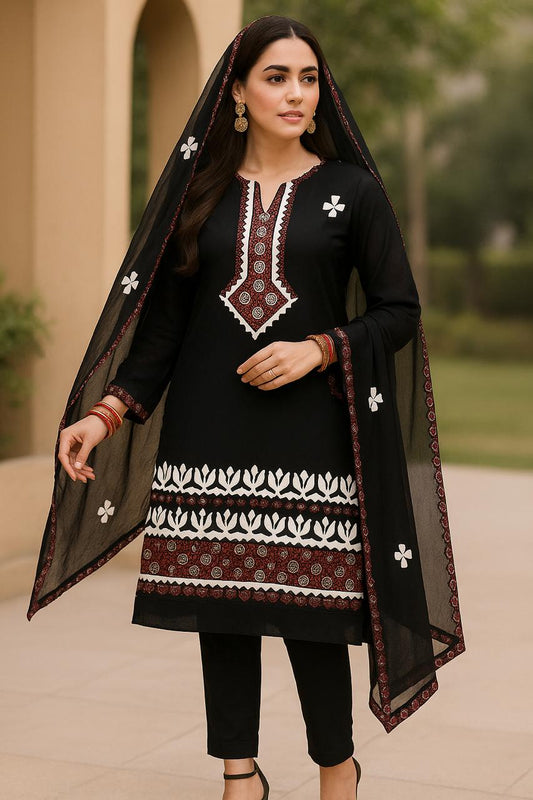 Black Ajrak Applic Handmade 3pc Dress 👗