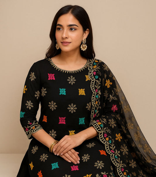 Black Multi Flower Embroidered 3pc Unstitch Dress