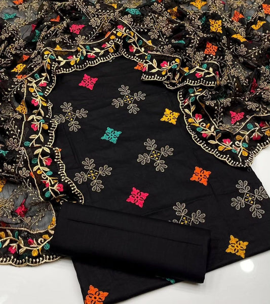 Black Multi Flower Embroidered 3pc Unstitch Dress