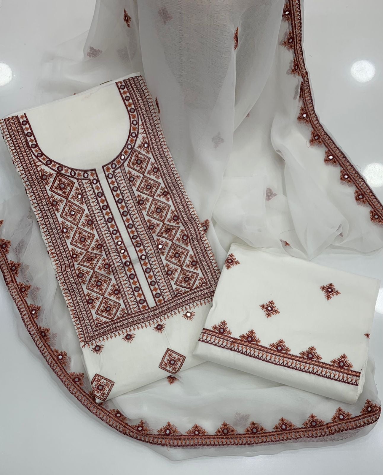 Winter Soft Cotton 3-Piece Balochi Dress | Machine Embroidered Thick Thread & 9MM Sitara Work | Soft Chiffon Dupatta